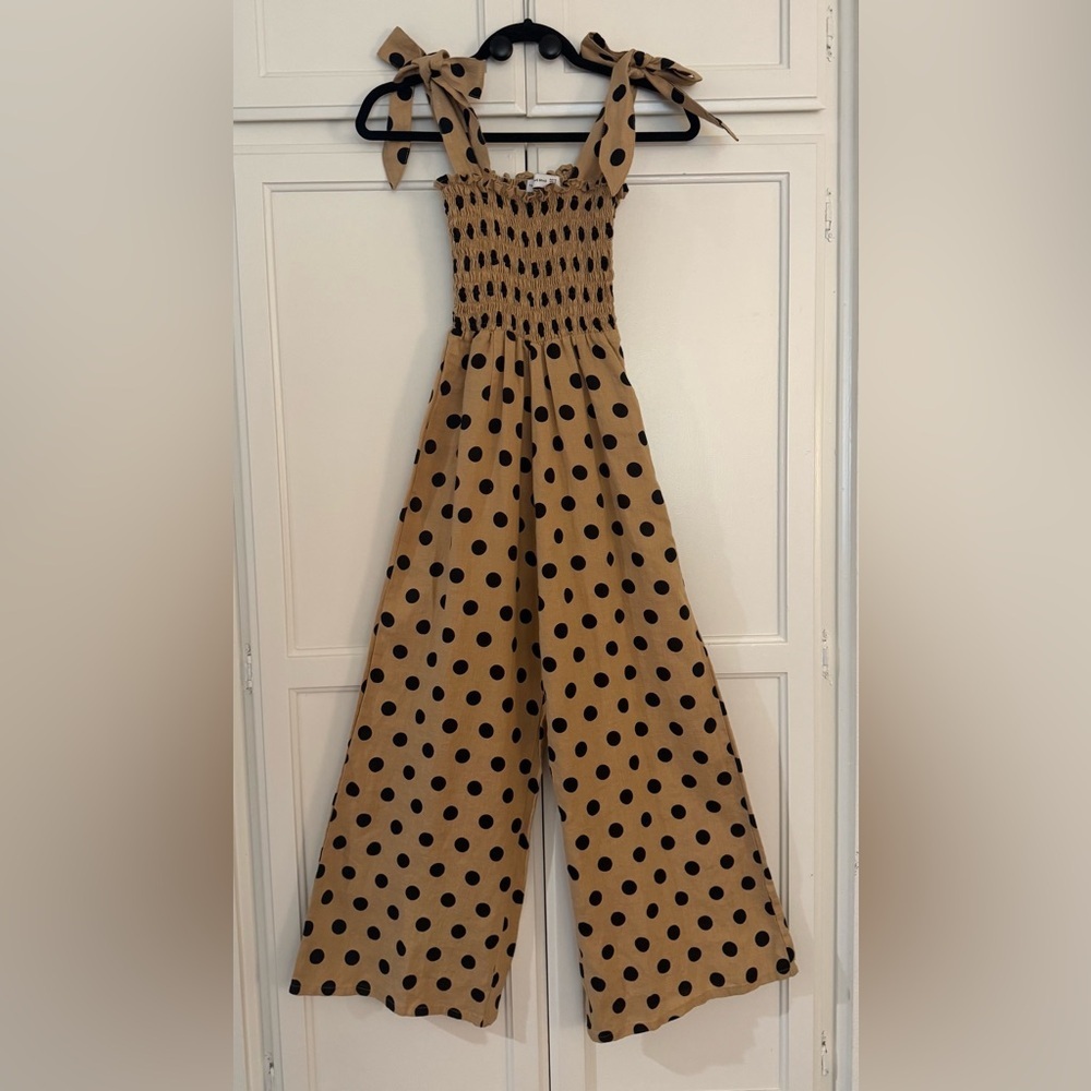 Faithful the Brand x Anthropolgie Emelda Smocked Jumpsuit in Tan/Black Polka Dot - Picture 6 of 10